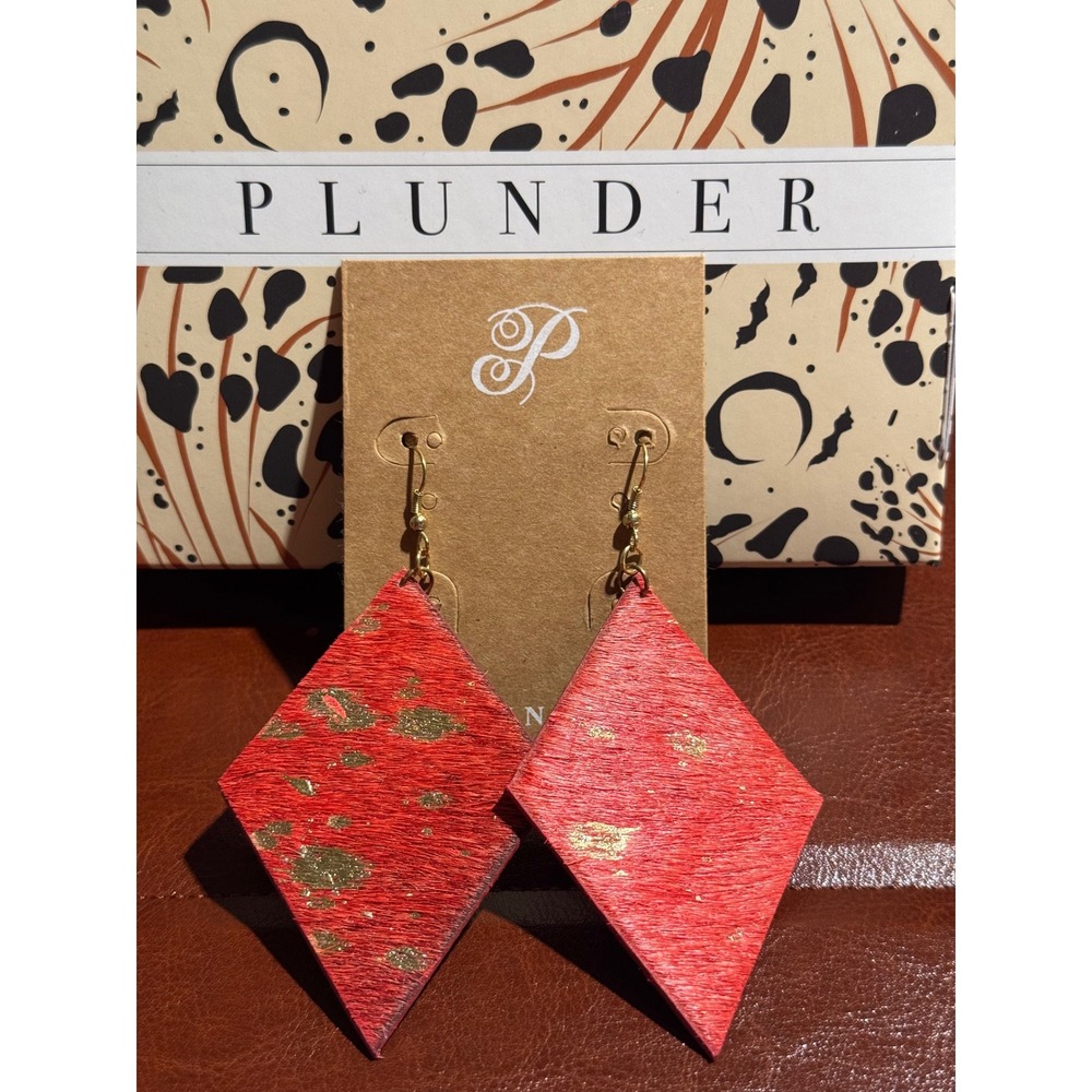 Plunder Design Red Hair On Hide Diamond Drop Earrings Gold Splatter Dangle New